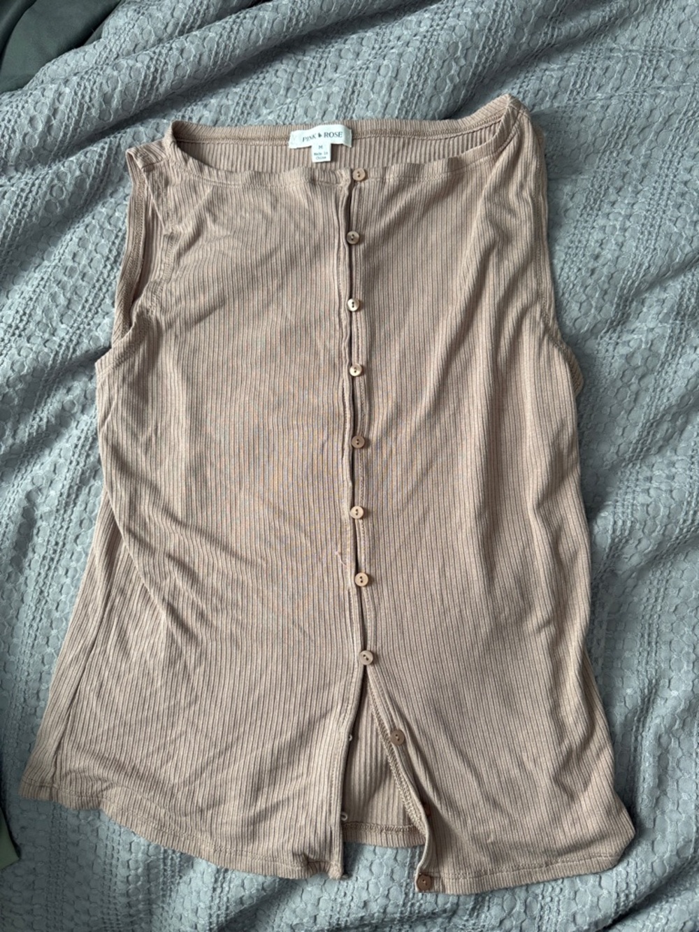 Pink Rose Sleeveless Ribbed Button Tank in Blush
